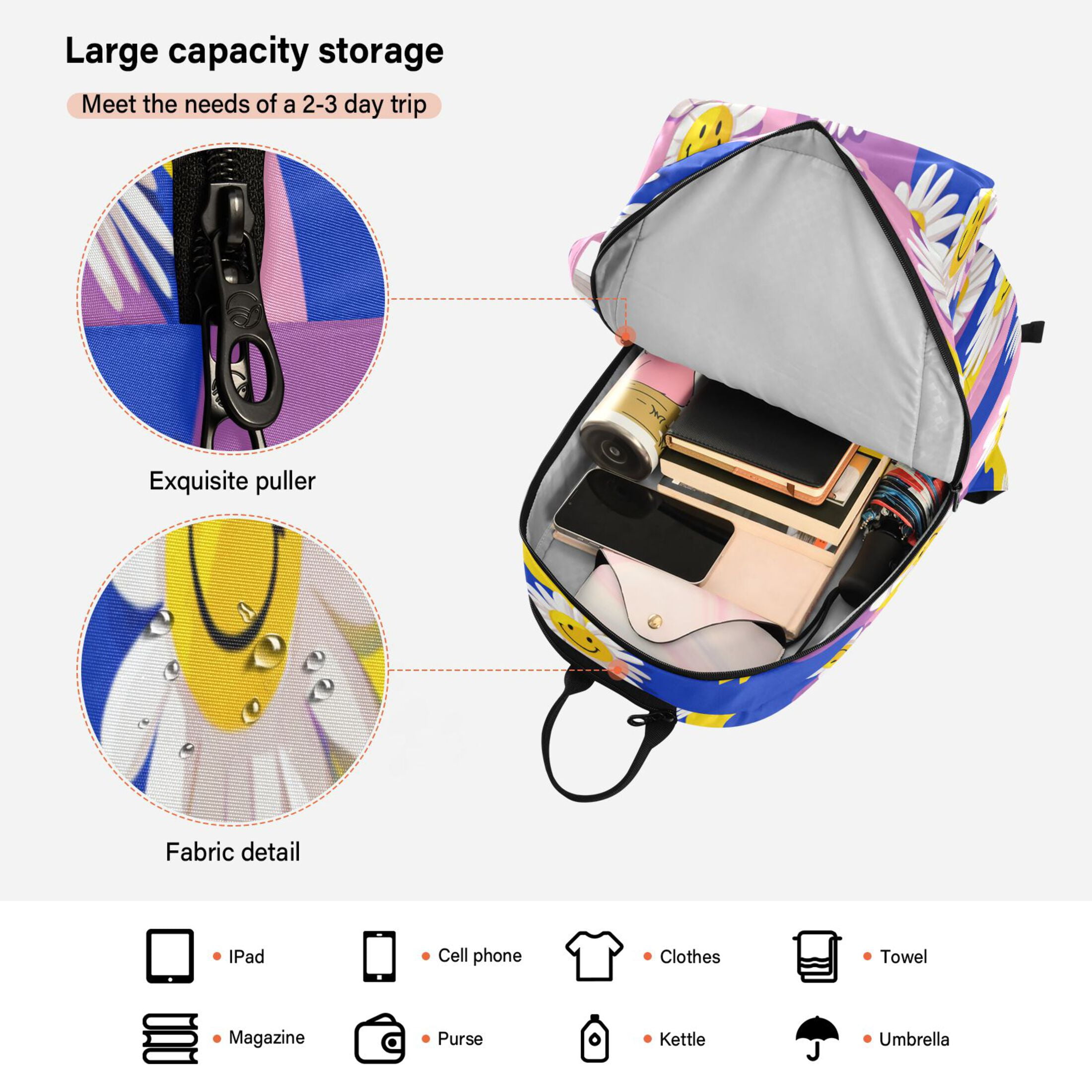 2 Racquet Holder Tennis Backpack Tennis Racket Covers Gym Bags Smiling Daisies on Assorted Backgrounds