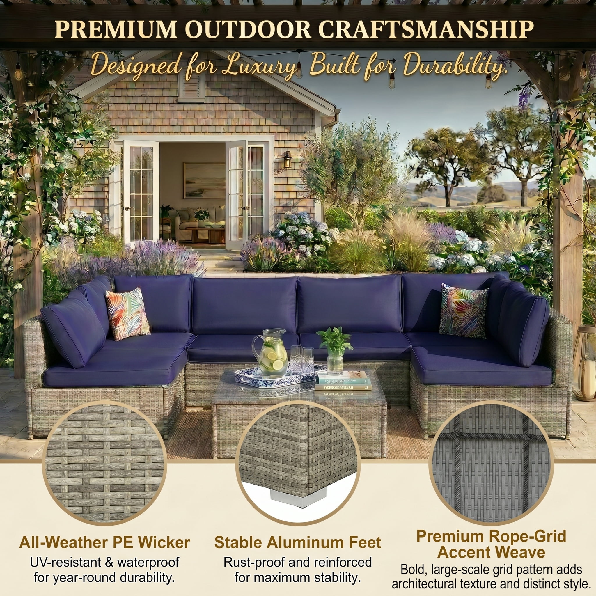 Howcool 7-Piece Modular Outdoor Patio Furniture Set with Cushions and Tempered Glass Table