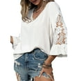 thumbnail image 5 of Xuanfei Women Solid Color V Neck Crochet Cutout Ruffle Flare Sleeve Top, 5 of 6