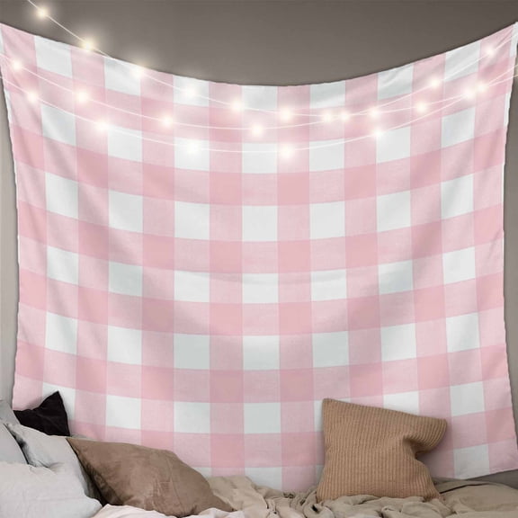 Pink Buffalo Plaid Tapestry for Bedroom Wall Hanging Tapestry, Farmhouse Pink White Checkered Ceiling Backdrop Tapestries Poster Blanket Wall Decor for Teens Room Living Room Dorm 39" x 59"