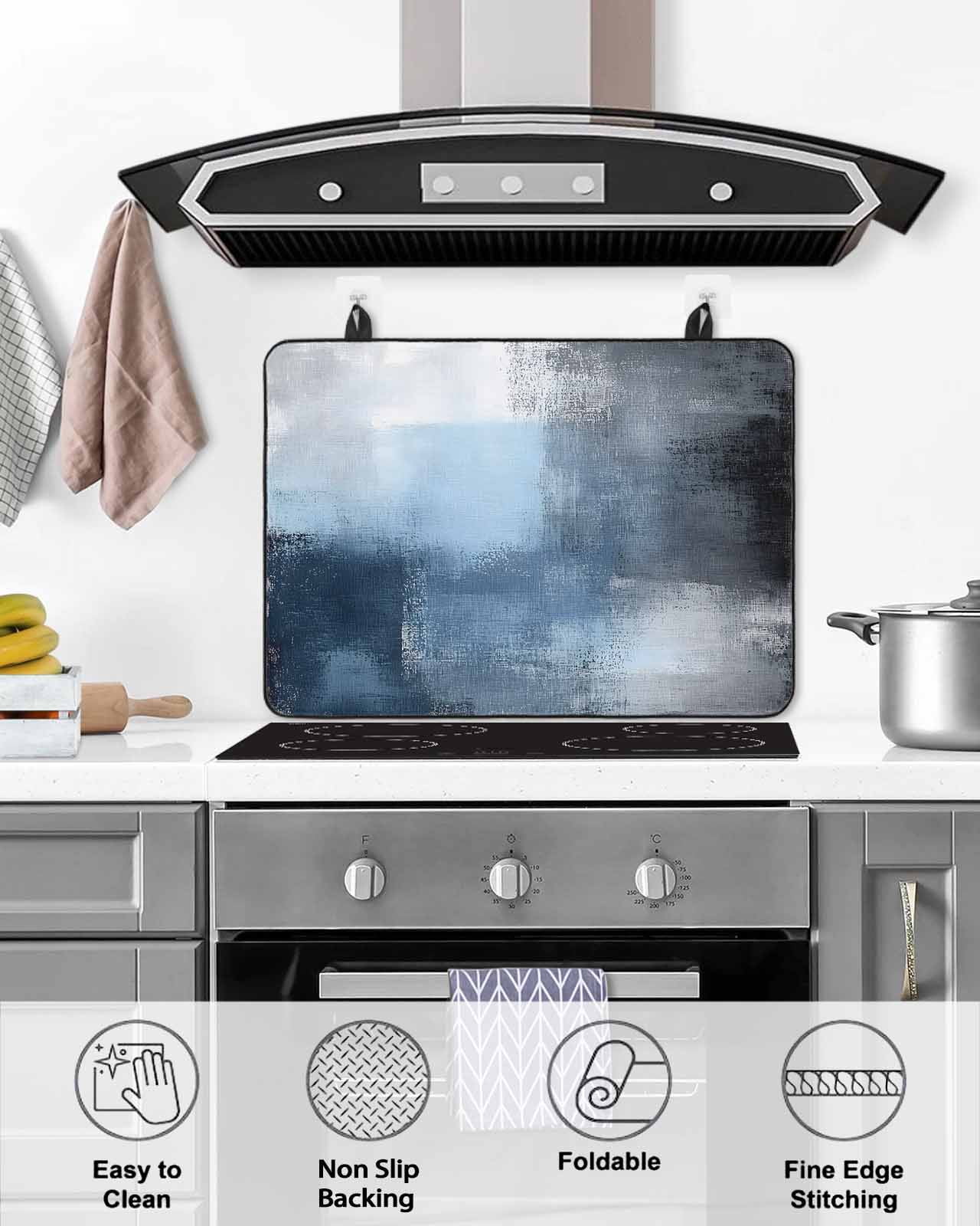 nqOlkjepod Large Induction Cooktop Protector Mat 36"x21", Blue Grey Stove Top Covers for Electric Stove, Modern Oil Painted Art Abstract Geometric Stove Burner Cover Mats, Glass Top Stove Cover