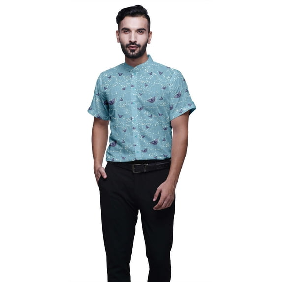 BESTMAN Cotton Shirt For Men Short Sleeve Printed Mandarin Collar Casual Shirt