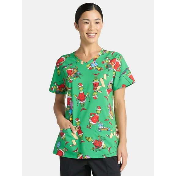 Dr. Seuss Women's Holiday Scrub Top with Short Sleeves, Sizes S-3XL