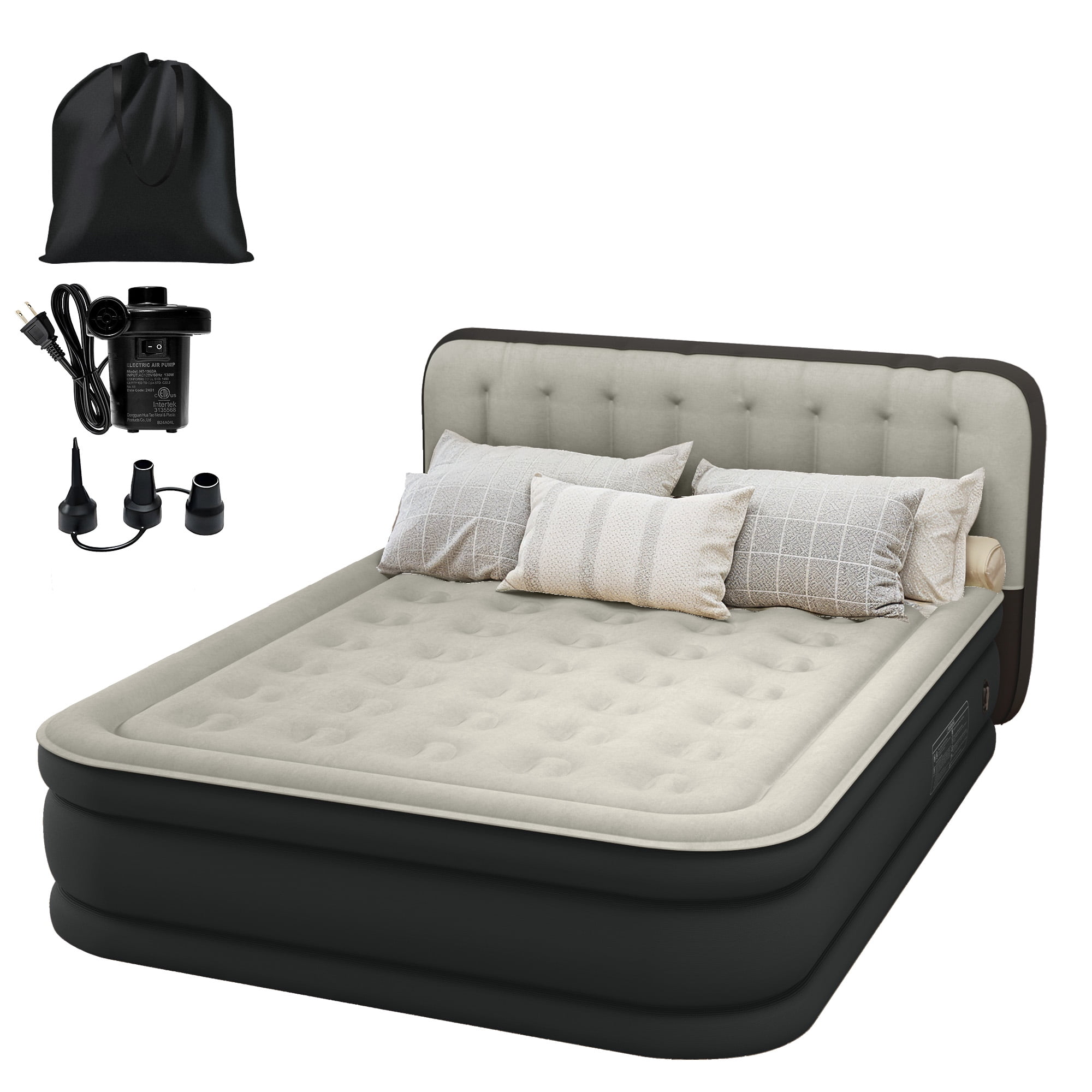 Uforic 18" Queen Air Mattress with Built-in Pump, Flocked Top Inflatable Bed with Banded Headboard for Home, Camping & Guests, Black