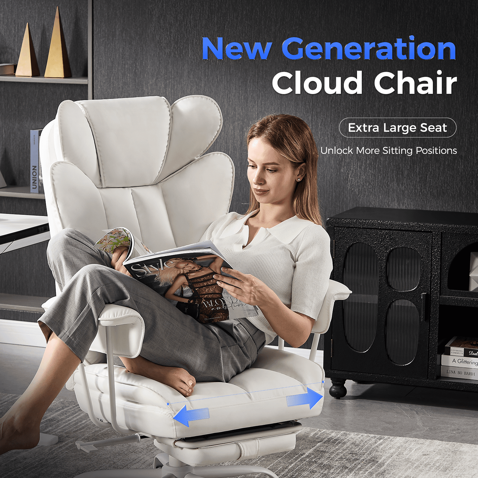 TMV Big and Tall Office Chair - High Back Ergonomic Desk Chairs for Adults with Wide Seat & Footrest,Lumbar Support Swivel Computer Chair for Home Office，White