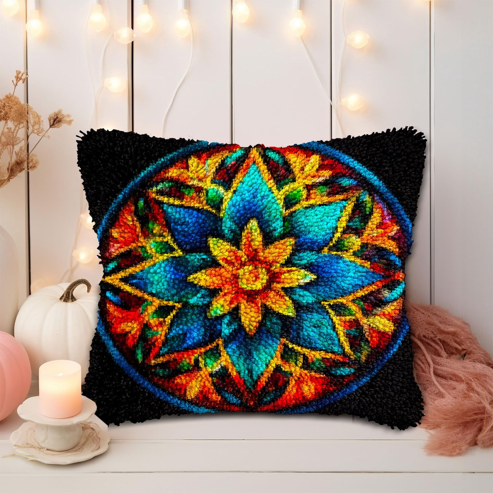 Colorful Mandala Pattern DIY Latch Hook Pillow Kits for Adults Printed Pillowcase Crochet Yarns Hooking Handmade Pillow Cover Cushion for Home Sofa Decoration 17x17inch(1)
