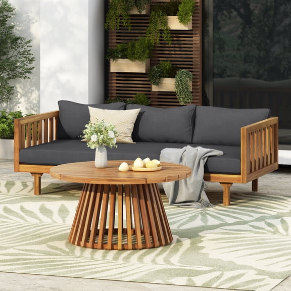 LiviNest Acacia Wood Patio Daybed Set: 600lb Capacity Daybed & 215lb Coffee Table - Outdoor 3-Seater Lounge with Dark Grey Water-Resistant Cushions - Modern Rustic Teak Finish for Patio Garden & Pool