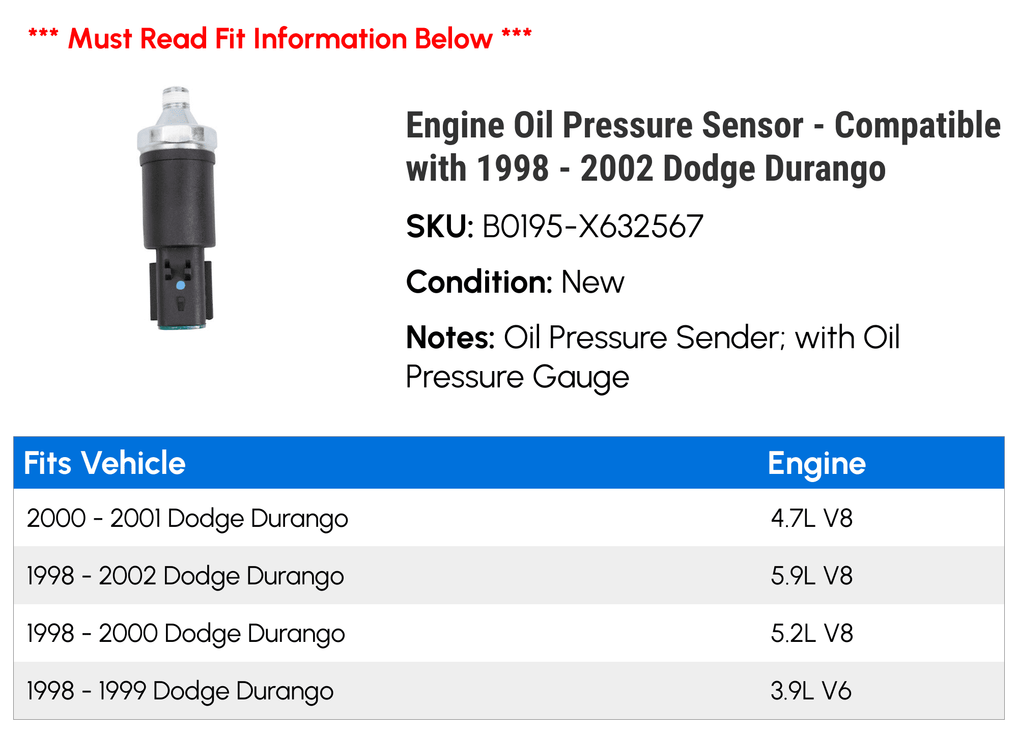 Engine Oil Pressure Sensor - Compatible with 1998 - 2002 Dodge Durango 1999 2000 2001