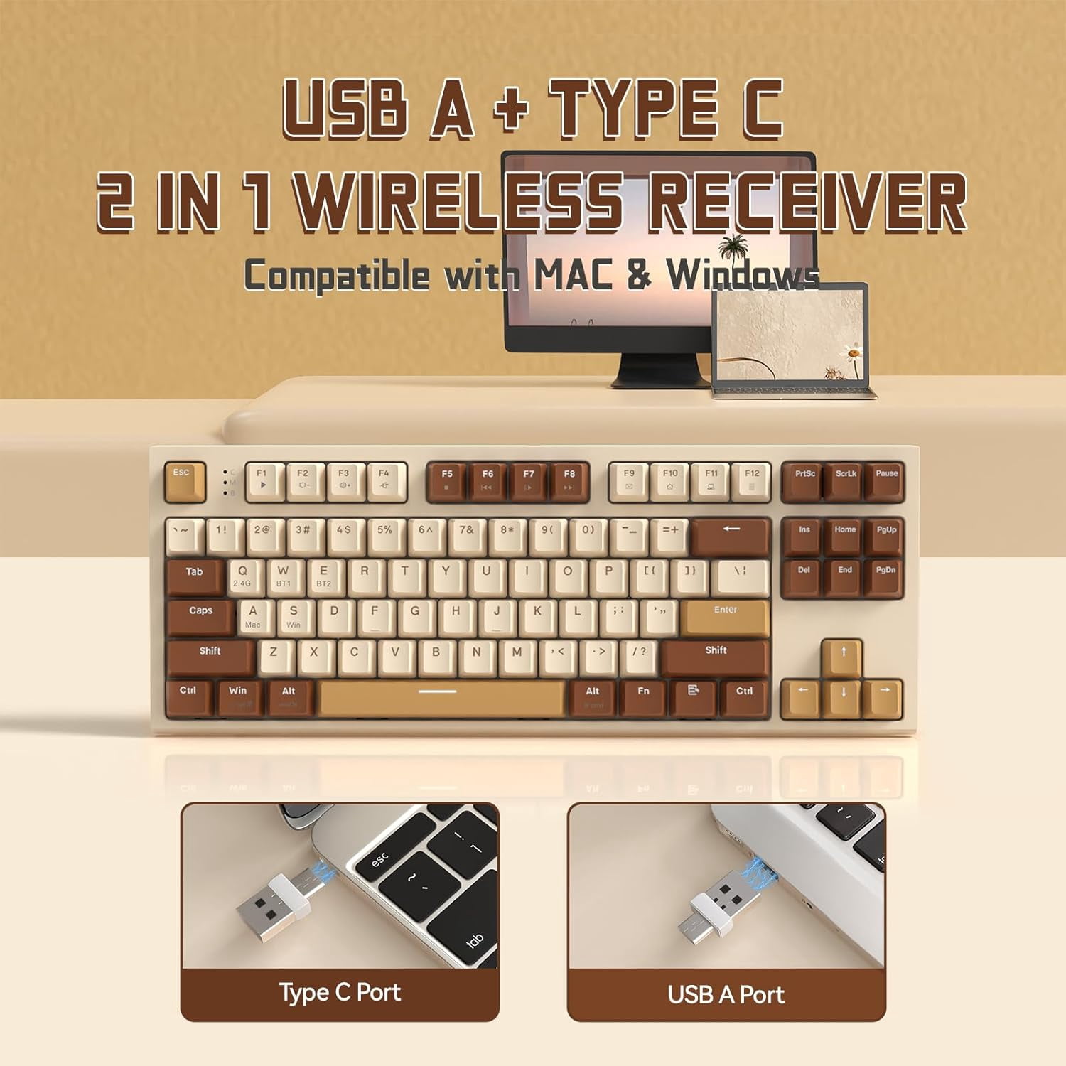 ZIYOULANG M88 Wireless Gaming Keyboard, Hot Swappable TKL Mechanical Keyboard, Bluetooth/2.4Ghz Dual Mode Connect, Type C/USB A 2-in-1 Receiver, 87 PBT Keycaps Red Switch for PC/MAC - Milk Tea