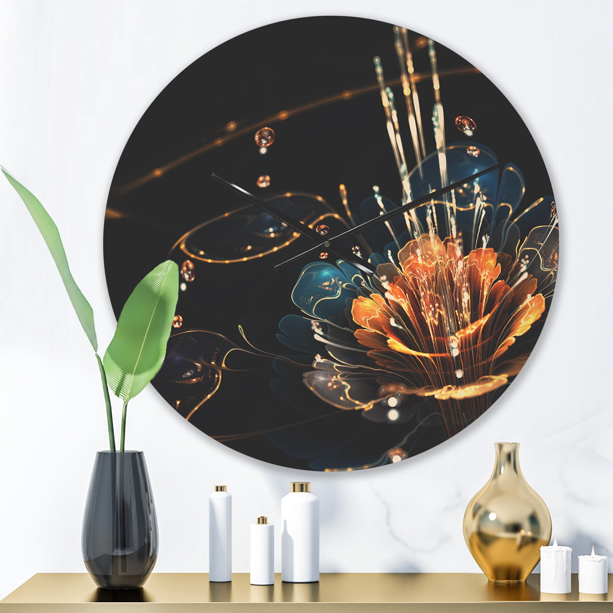 Designart 'Water Drops With Orange Blue Flower' Modern Wood Wall Clock