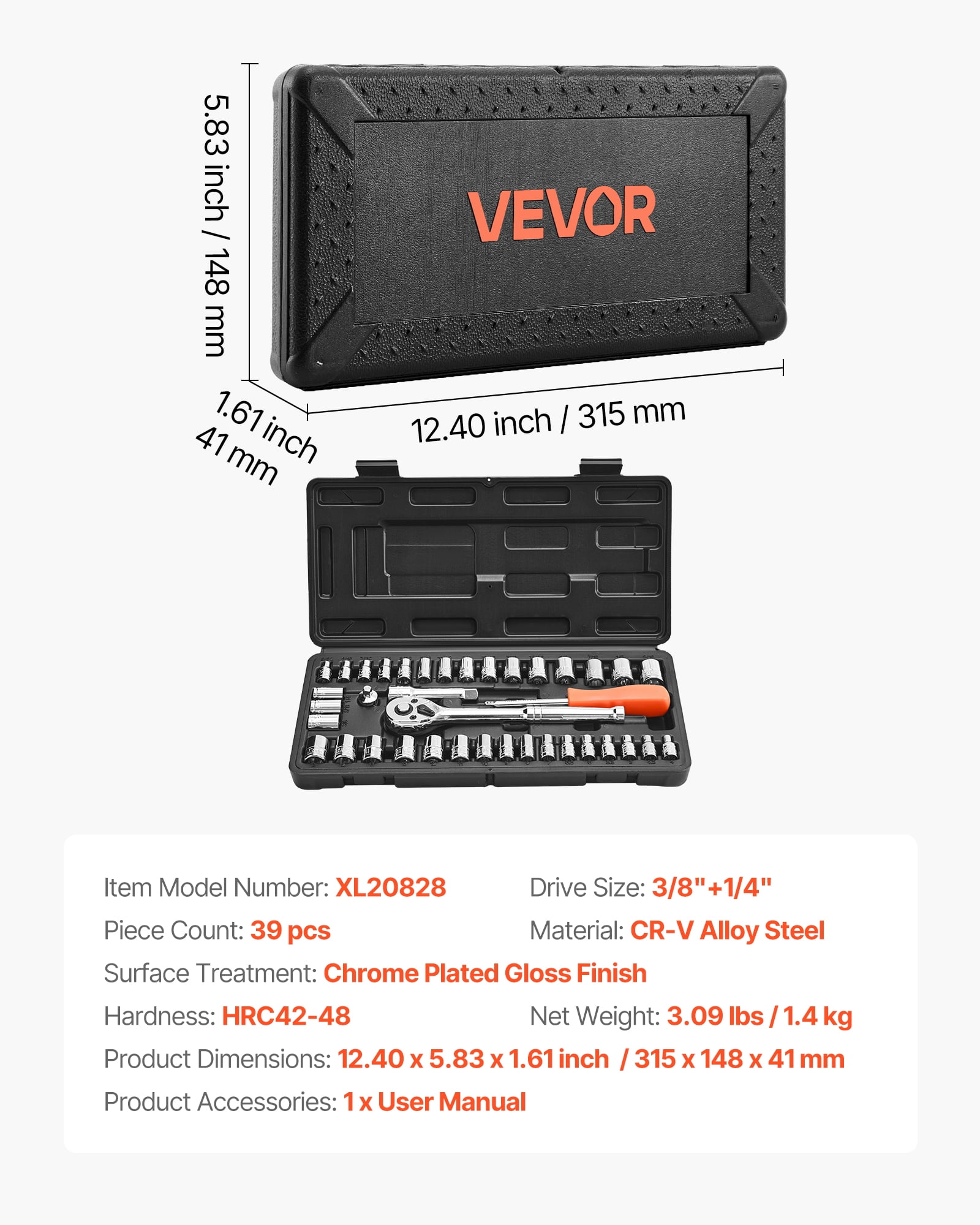 VEVOR Socket Set, 39 Pieces, 3/8 & 1/4 inch Drive Socket and Ratchet Set, SAE and Metric Size, Mechanic Tool Kit with Ratchet Wrench, Accessories, Storage Case, CR-V Alloy Steel,for Automotive Repair