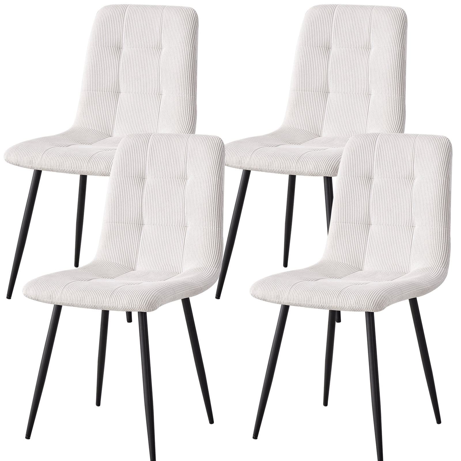 Corduroy Dining Chairs Set of 4, Modern Upholstered Fabric Kitchen Chair with Metal Legs for Living Dining Room, Apartment, Side Chairs with Thick Cushions, White