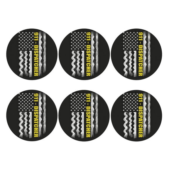 911 Dispatcher Thin Gold Line Flag Leather Coasters for Drinks Perfect for Living Room, Kitchen, or Outdoor Use Set of 6 Round Shape