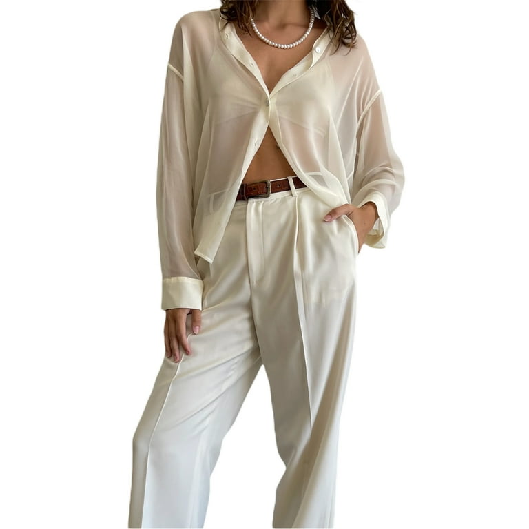 wybzd Women Sheer Mesh See Through Lapel Button Down Shirt Long Sleeve  Spring Autumn Blouse Tops White XL 