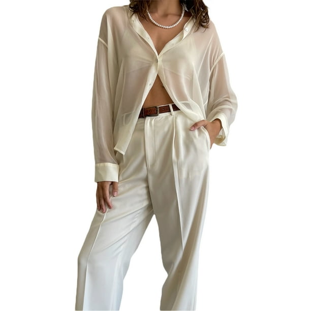 TRKIYQC Blusa para Mujer, Cuello de Solapa, Manga Larga, con Botones, Camisa Suelta Transparente para Damas TRKIYQC moda