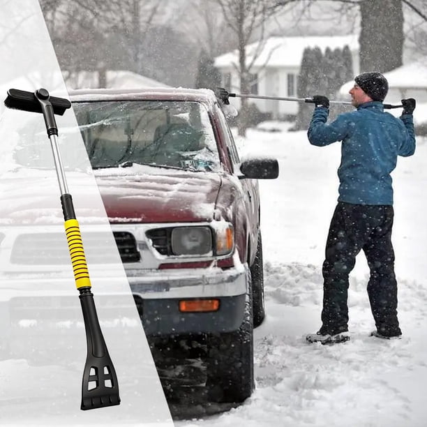 Cepillo extensible 3 en 1 y rascador de hielo para parabrisas de coche con pértiga retráctil y cabeza desmontable - Herramienta de retirada de nieve en invierno