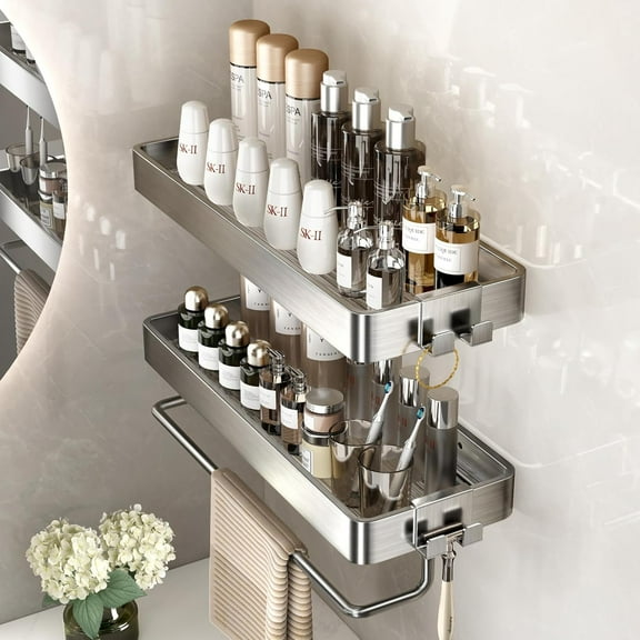 Stainless Steel Wall Mounted Bathroom Shelves - 2-Tier Floating Shelf with Removable Hooks (Brushed Nickel)