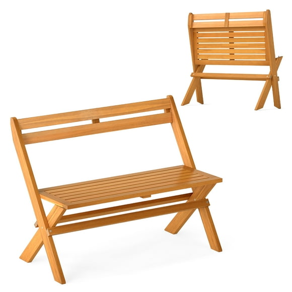 Gymax Foldable Outdoor Bench 2-Person Acacia Wood Patio Garden Bench Outside Loveseat
