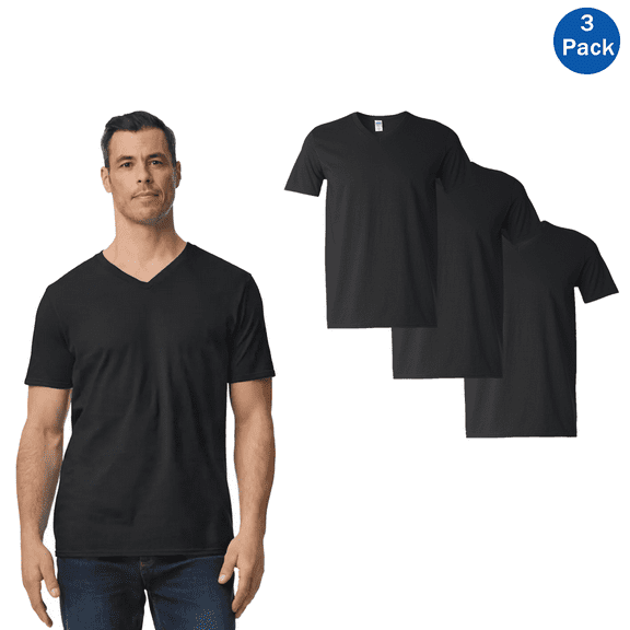 Gildan Short Sleeve T-Shirt for Men, Black V-Neck Shirt Softstyle Cotton Casual Tee Pack of 3, S