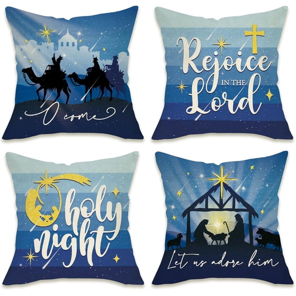 Christmas O Holy Night Decorative Throw Pillow Covers 18x18 Set of 4, Religious Xmas Jesus Nativity Navy Blue Outdoor Pillowcase, Rejoice in The Lord Winter Holiday Cushion Case Home Decor