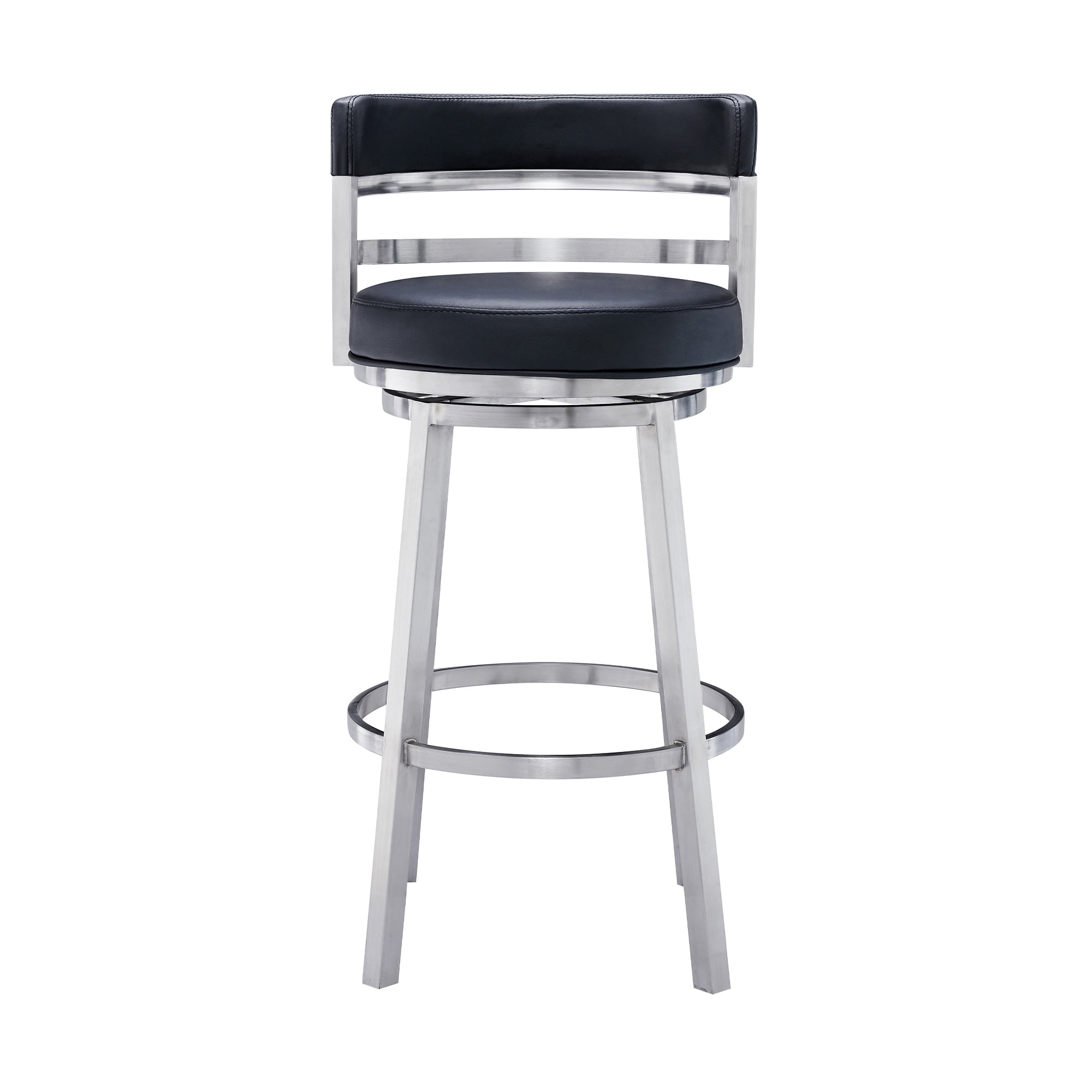 Armen Living Madrid 30" Seat Height Swivel Modern Black Faux Leather and Brushed Stainless Steel Bar Stool for Kitchen Island Counter, Set of 2