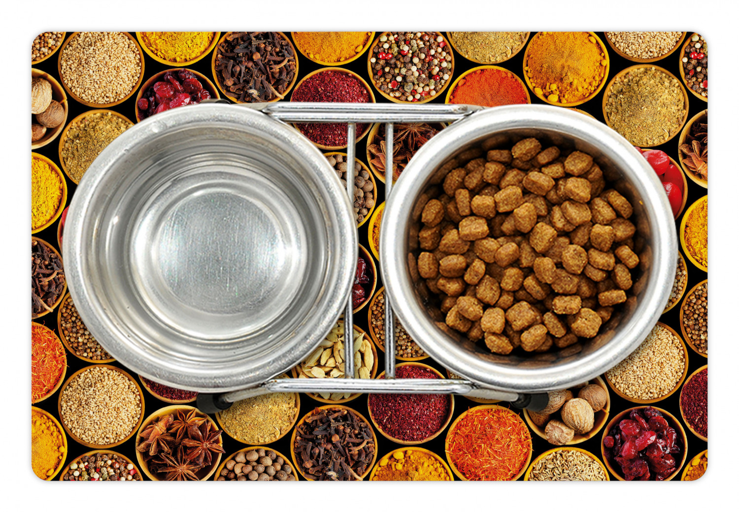 Spice Pet Mat for Food and Water, Containers Filled with Various Exotic