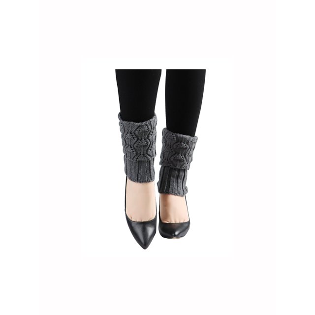 INSPIRE CHIC Women's Ruffled Cuff Over Knee Length Ribbed Knitted Leg Warmers Dark Gray-Printed