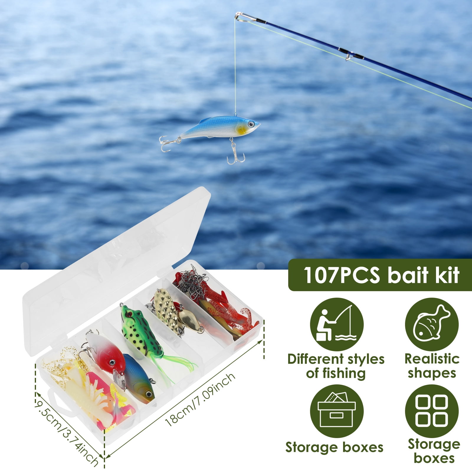 Lzvxtym Fishing Lures,Fishing Lures Kit,Fishing Bait Lure Set for Saltwater Freshwater,with Tackle Box,107Pcs