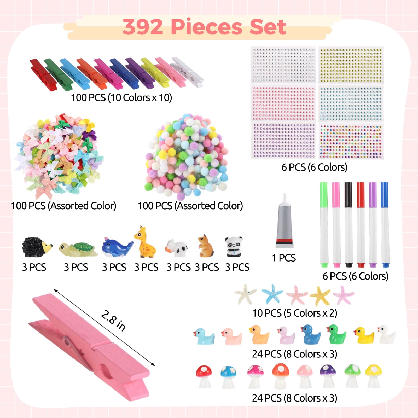 392 PCS Cheer Pins Spirit Clips Set, DIY Cheer Clips for Backpack, Includes 100 Colorful Wooden Clips, Fluffy Balls, Fabric Bows, Resin Animal Figurines for Craft Projects