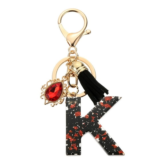 Uxcell Initial Letter K Keychains, Resin Alphabet Key Ring with Tassel, Black/Red