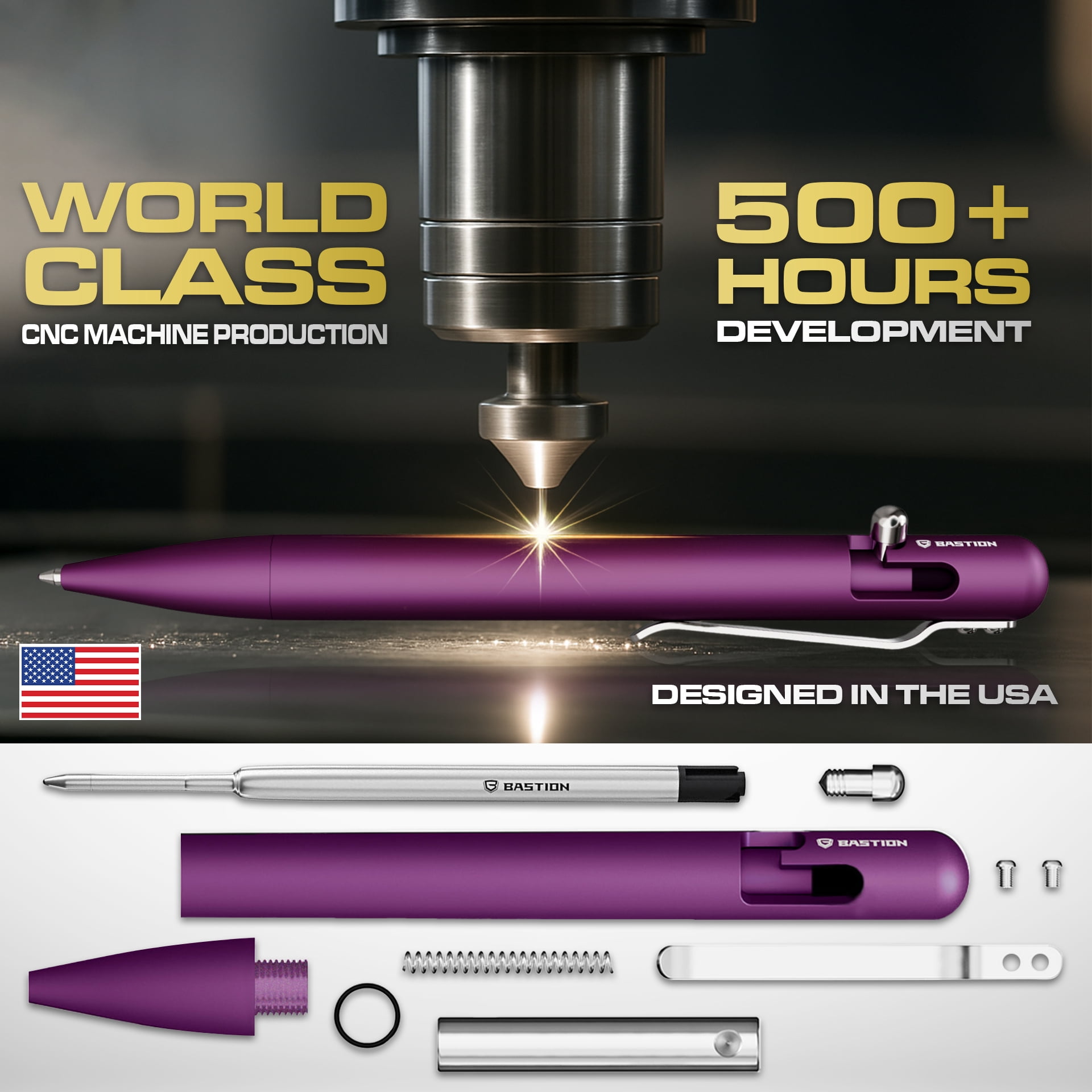Bastion Aluminum Bolt Action Pen, Purple, Ballpoint Refillable, 1 Count