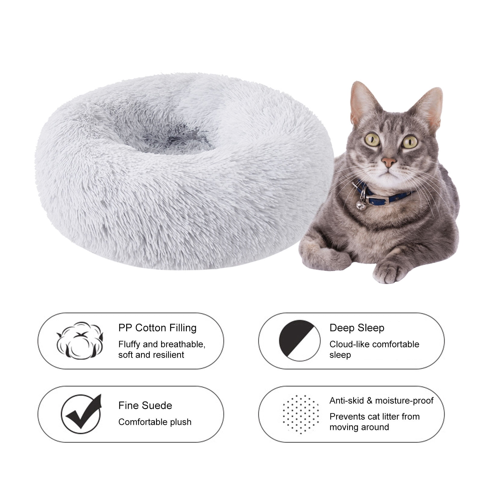 Cat Bed for Indoor 20inch Anti Anxiety Donut Calming Bed Fluffy Soft Round Plush Cushion Bed for Small Medium Dogs and Cats Light Gray