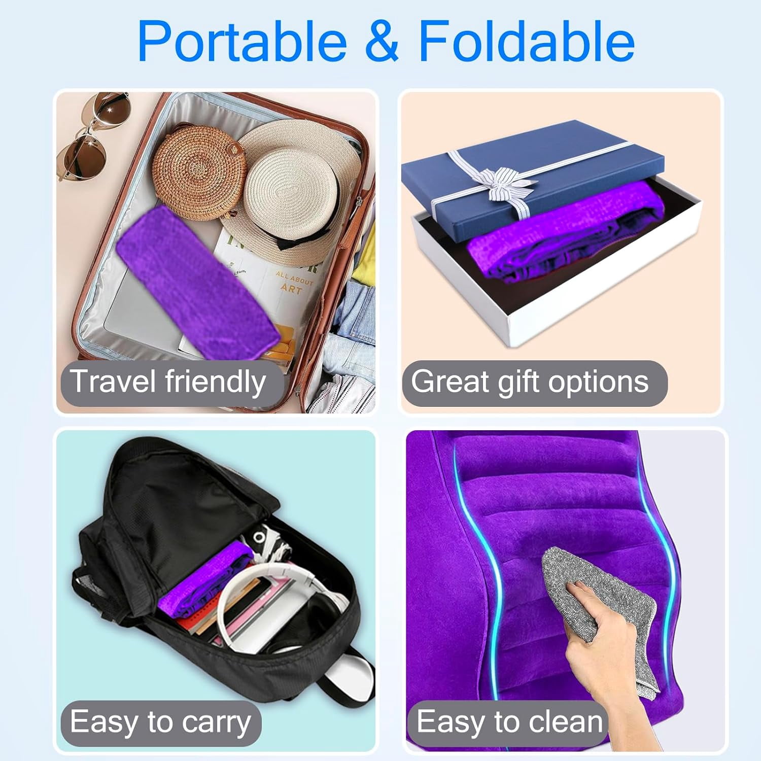 Inflatable Wedge Pillow for Traveling, Lightweight Wedge Pillow for Acid Reflux Relief, Portable Pillow Wedges for Sleeping, Blow Up Travel Pillow for Camping, Back Lumbar Support, Purple