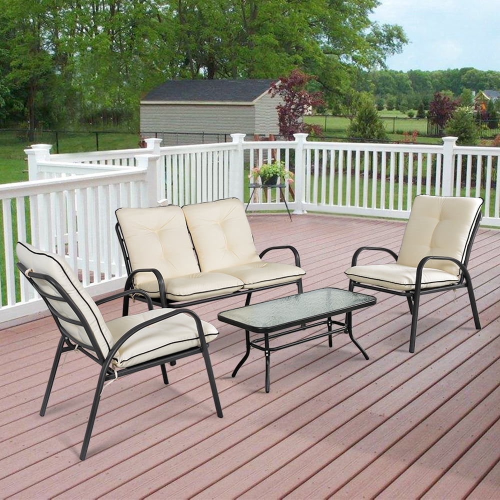 Ikayaa Fashion 4 Pieces Cushioned Patio Garden Furniture Sofa Set Tea Table Chairs Pool Outdoor Conversation Set Walmart Com Walmart Com