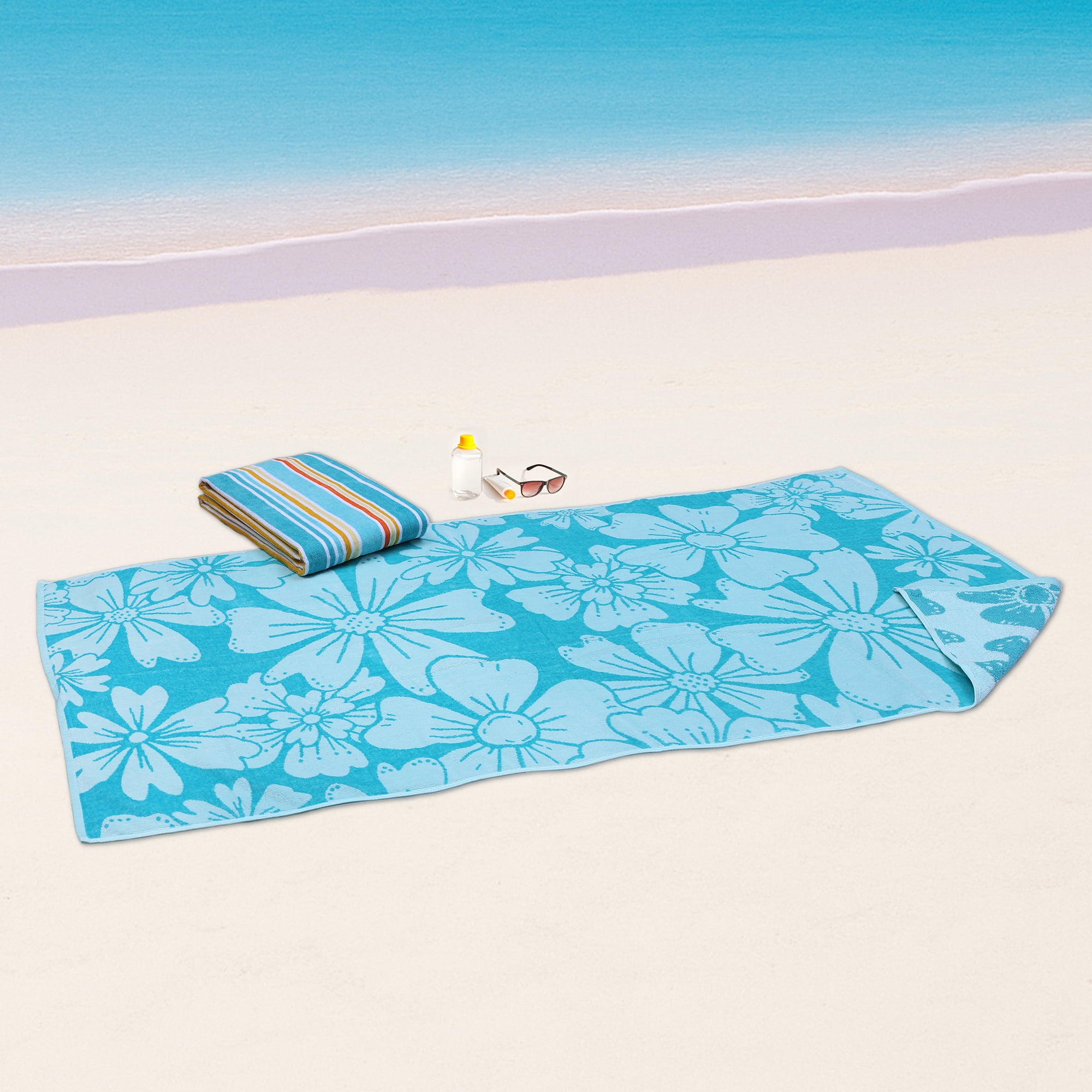 Mainstays 2-Pack Beach Towels, 58 in x 28 in, Green Flower & Stripes