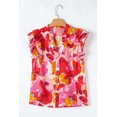 thumbnail image 3 of Women's Red Abstract Print Split V Neck Ruffle Short Sleeve Blouse for Summer | [ZhiHiMeRi] | (US 16-18)XL, 3 of 10