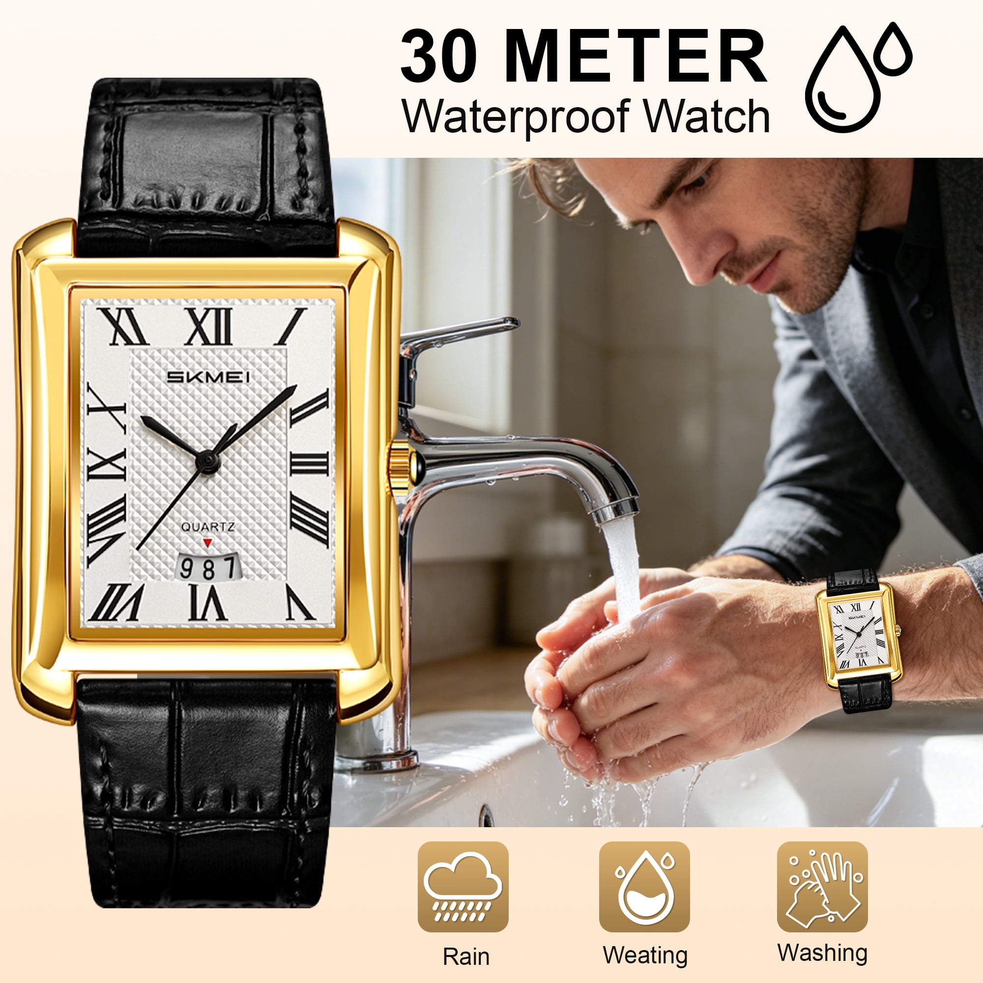 SKMEI Retro Classic Square Watches for Men Quartz Analog Waterproof Watch Leather Business Casual Mens Wrist Watch