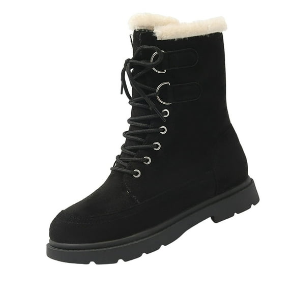 Black Ladies' Winter Lace-Up Shoes With Fleece Lining And Grippy Sole For Cozy Warmth