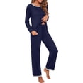 thumbnail image 3 of Pyjama à Manches Longues pour Femmes, Col Rond Doux, Bleu Marine, 3 of 5