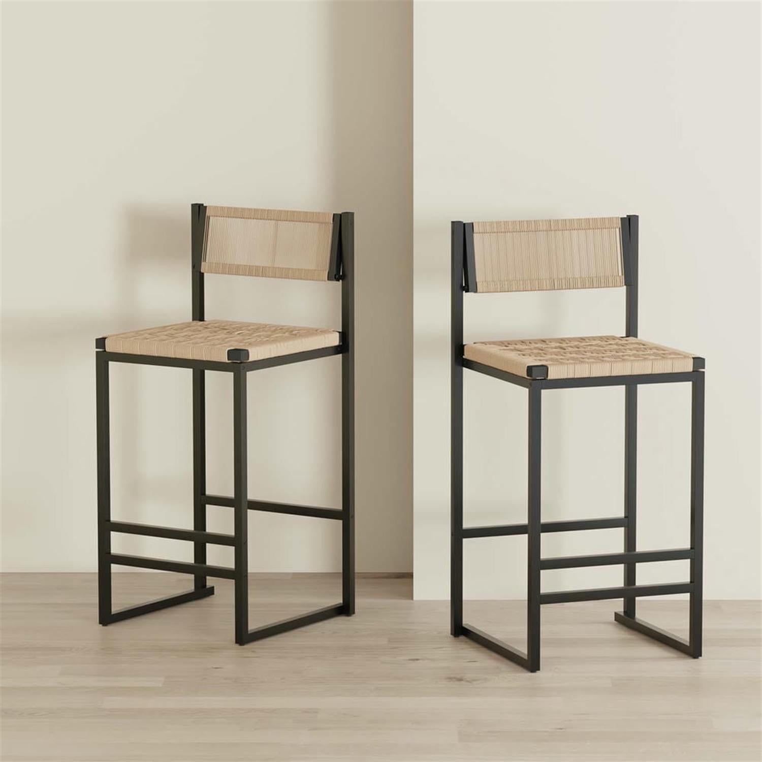 Demi Bonn 34" Counter Height Bar Stools Set of 2, Paper Rope Weave Barstools with Back, Armless Kitchen Island Countertop Chairs for Dining Room, Beige