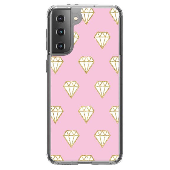 DistinctInk Clear Shockproof Hybrid Case for Galaxy S21 5G (6.2" Screen) - TPU Bumper, Acrylic Back, Tempered Glass Screen Protector - Pink & Gold Print - Diamond Pattern