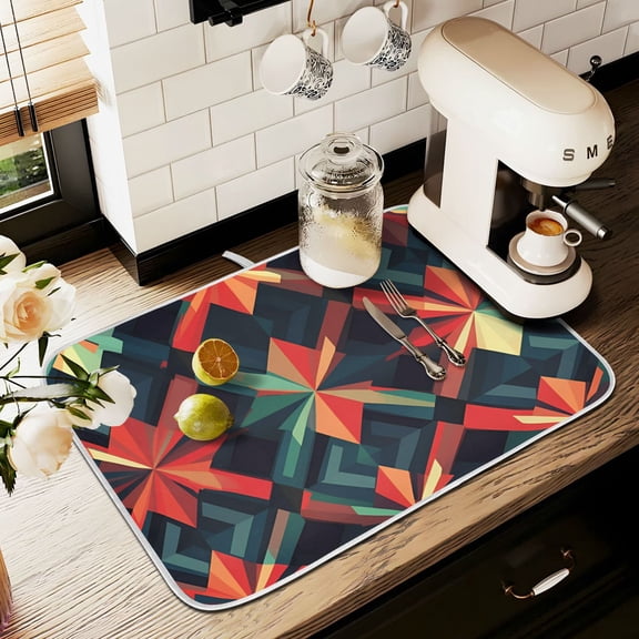 Yayeee Dish Drying Mat for Kitchen Counter 16" x 18" Microfiber Super Absorbent Coffee Decorative Pad, Red Abstract