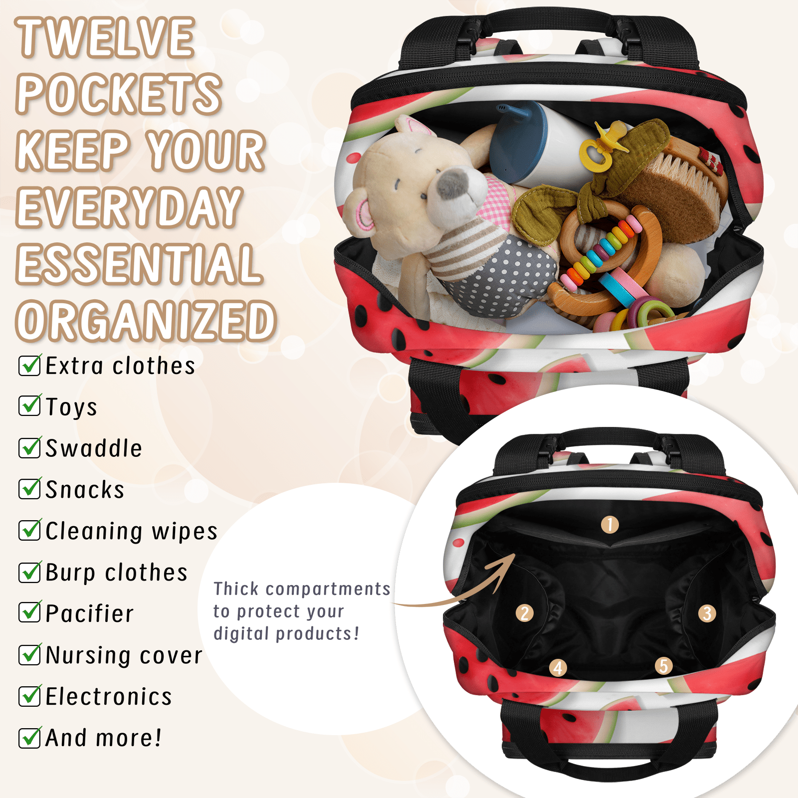 Sweet Watermelon Diaper Bag Backpack Baby Essentials Travel Tote Bag with Insulated Pockets Multi-functional Diaper Bags Organizer Bag for Women Men