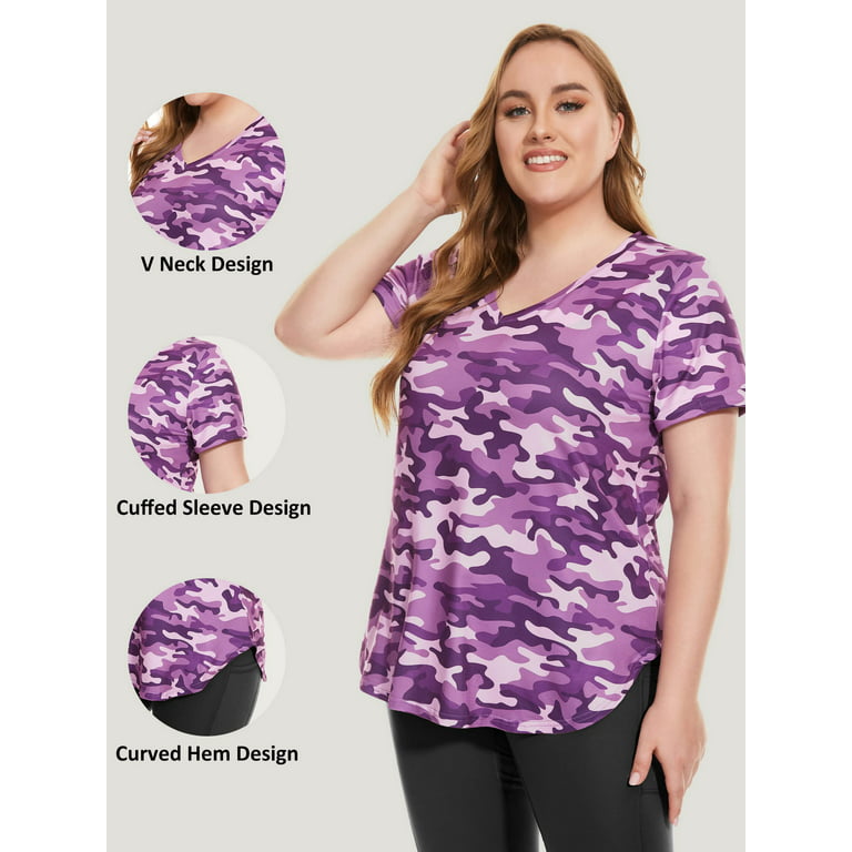 TIYOMI Women's Plus Size Sport Tops 3X V Neck Purple Camo Quick Dry Blouses  Loose Fit Summer Workout Athletic Shirts 3XL 22W 24W 