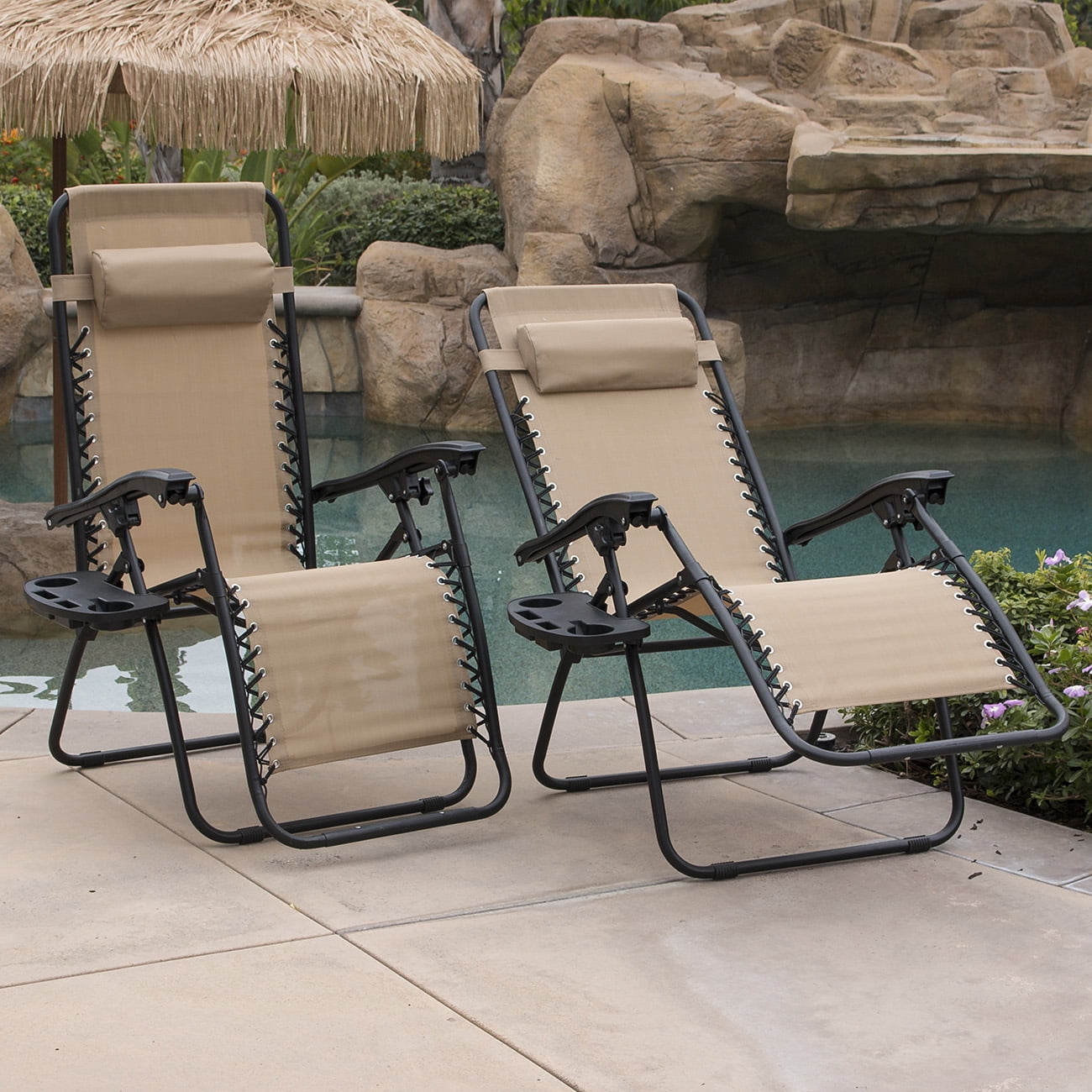 Belleze 2 Pack Zero Gravity Chairs Patio Lounge Cup Holder Utility Tray Tan