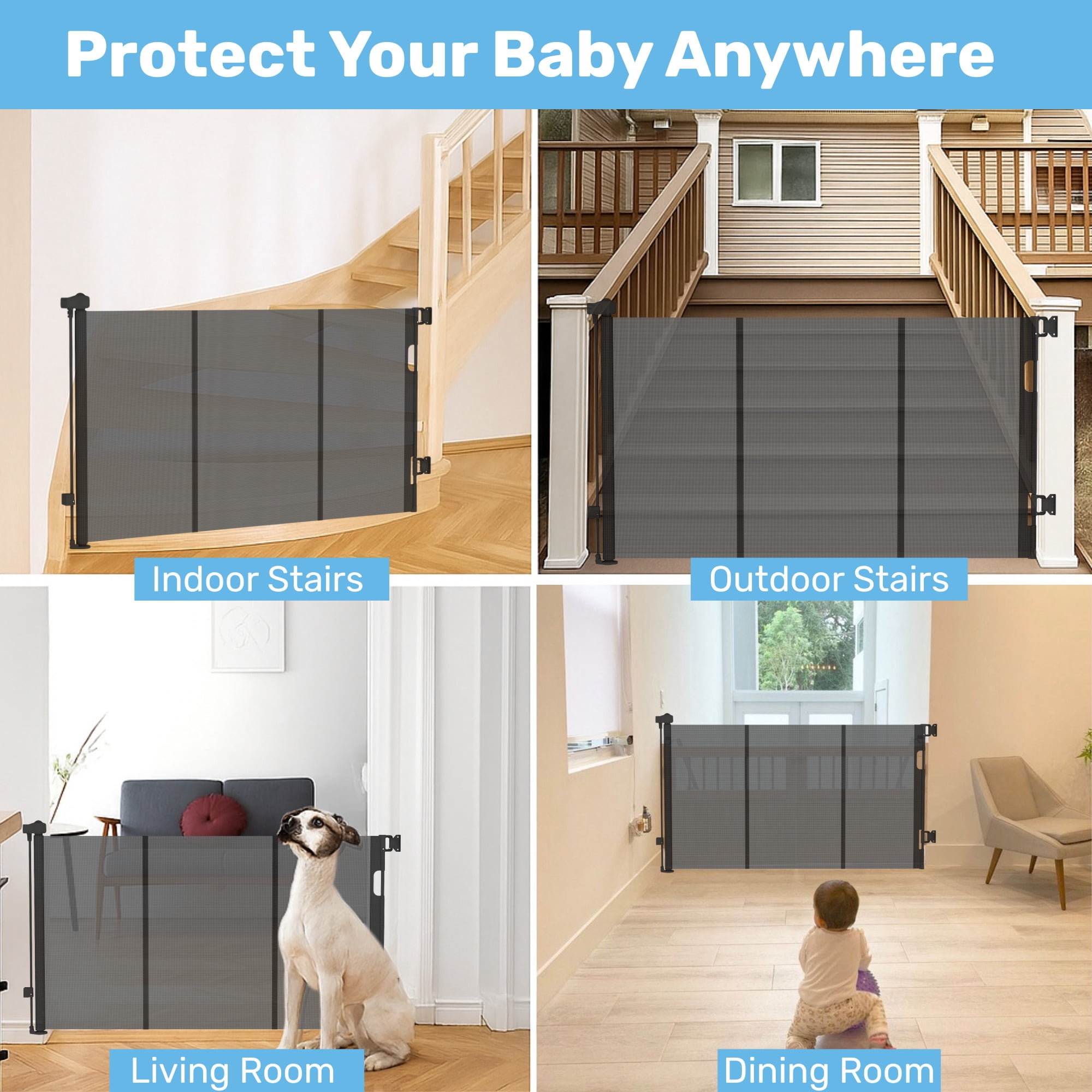 Baby Proof Me Retractable Baby Gate, Extra Wide Mesh Child Safety Gate, 34" Tall x 71" Wide, Black