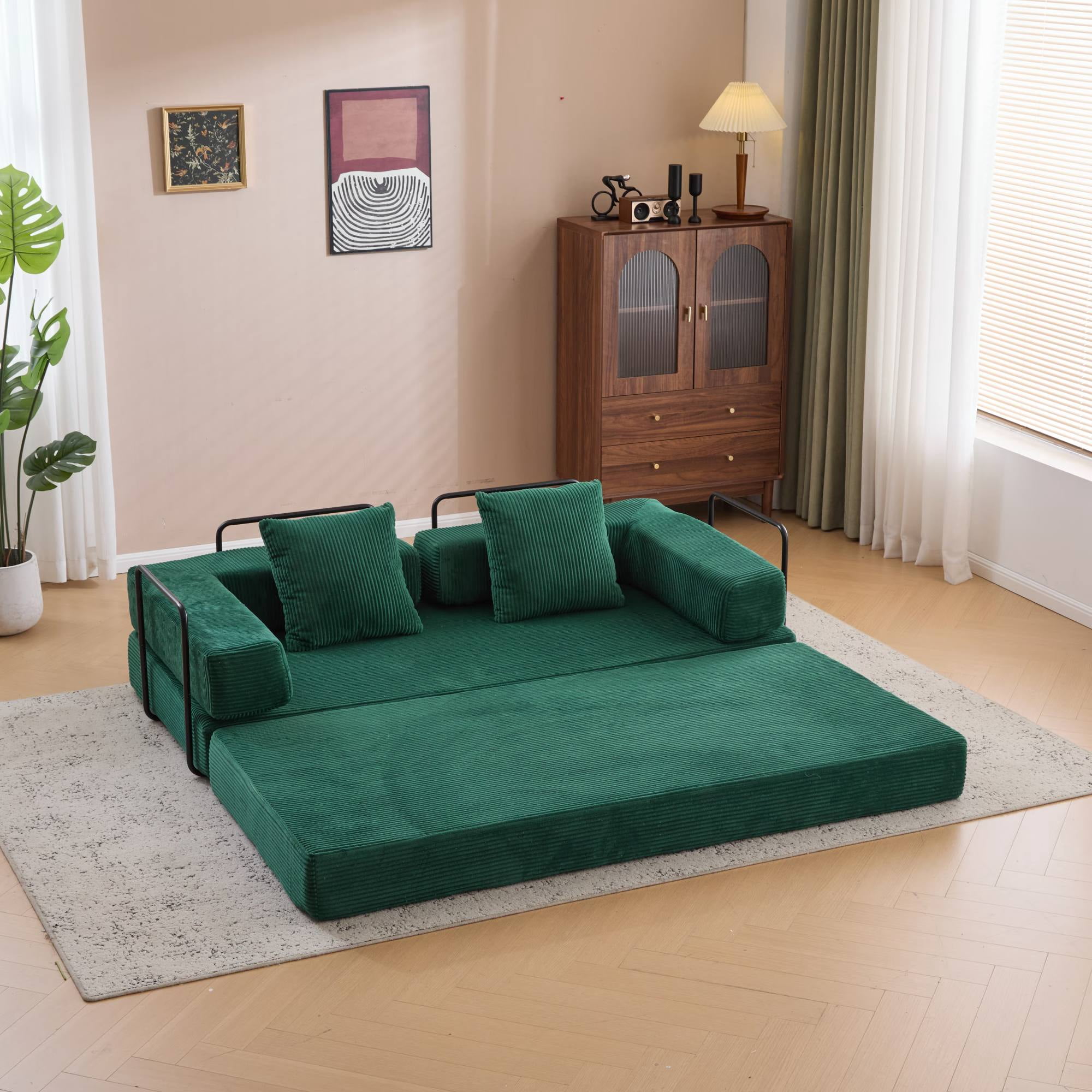 Convertible Sleeper Sofa Bed with Pillow, Corduroy Folding Mattress Floor Sofa Lounge Couch for Living Room, Bedroom, Green