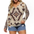 thumbnail image 2 of Long Sleeve Henley Top for Women Geometric Ethnic Graphic Print Notch V Neck Slim Fit Soft Breathable Casual Daily Outerwear Western Style Clothes, 2 of 5