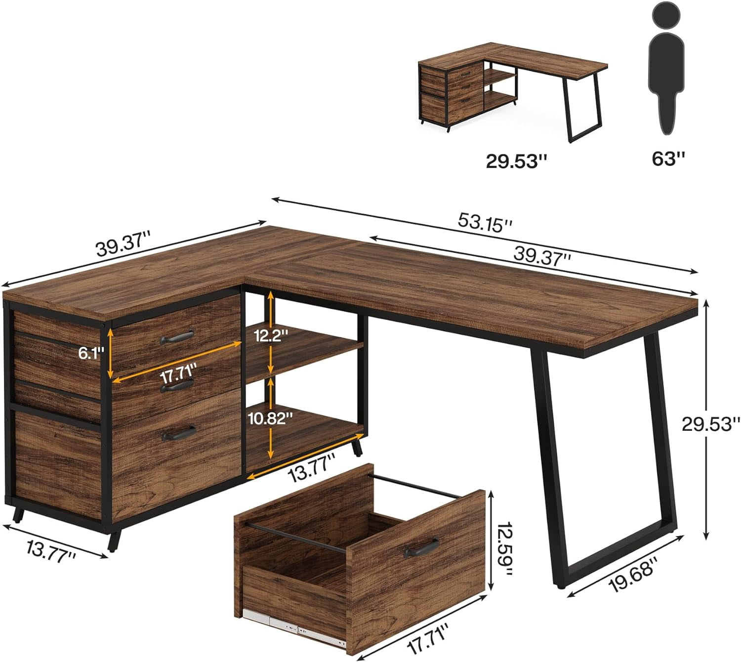 Tribesigns Reversible L-Shaped Computer Desk with 3 Drawers, Corner Desk Home Office Desk with Shelves