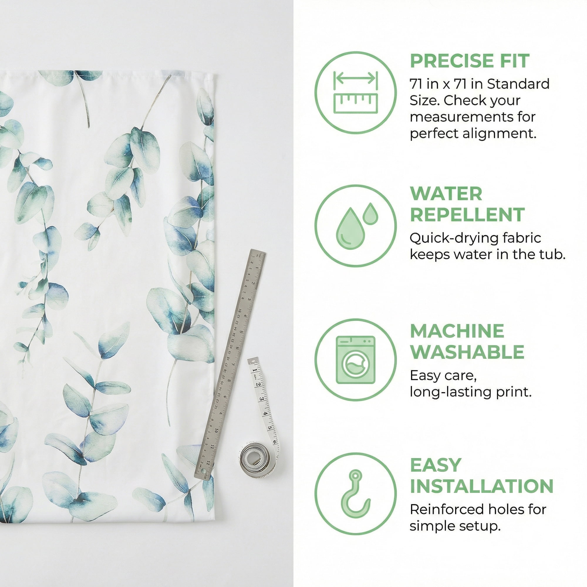 Unique Bargains Waterproof Leaf Shower Curtain Sets Hooks Green Pattern 3 71"W x 71"L